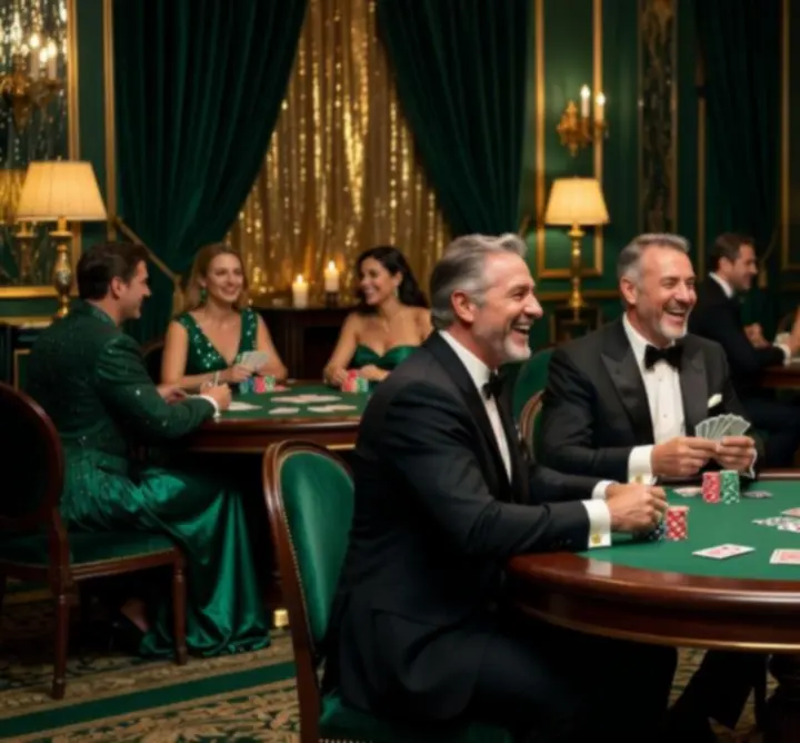 Grupa uczestników przy stole pokerowym w nastrojowym świetle, skoncentrowana na rozgrywce.