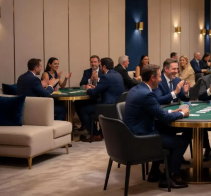 Wieczorny event w Widow Nia Circle z nastrojowym światłem i gośćmi przy stołach pokerowych