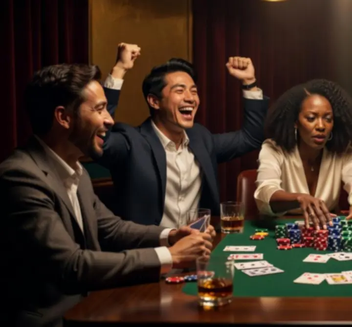 Zbliżenia na żetony pokerowe, karty oraz ujęcia grup gości przy stołach