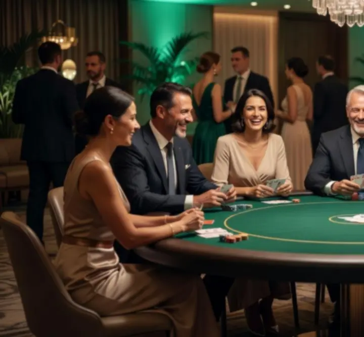 Uśmiechnięci goście biorący udział w eleganckim wieczorze pokerowym