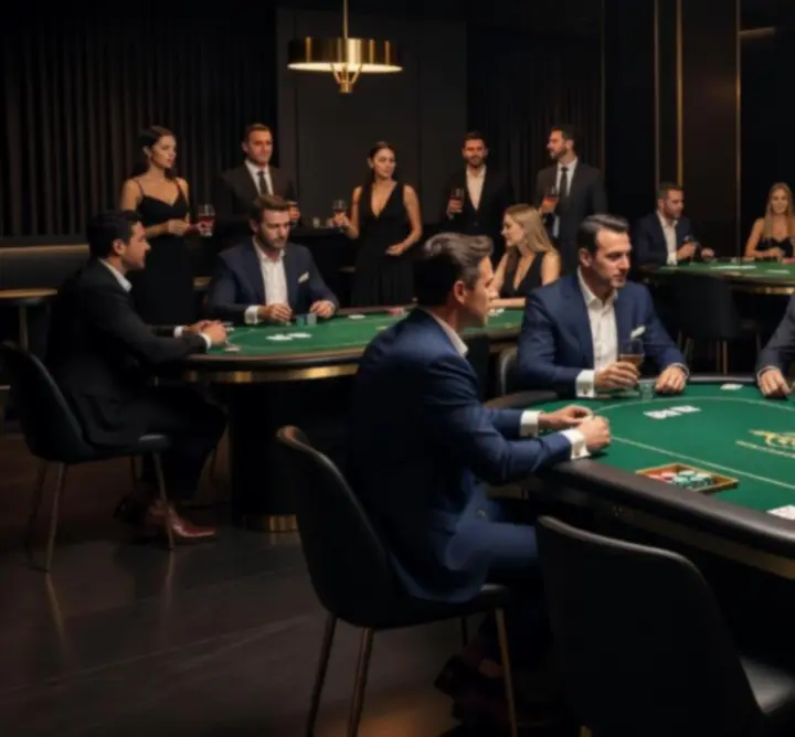 Elegancka sala z profesjonalnymi stołami pokerowymi oświetlona nastrojowym światłem