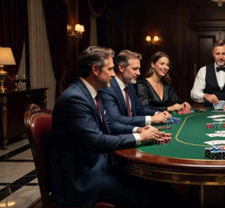 Grupa gości grających przy stole pokerowym w nastrojowo oświetlonej sali