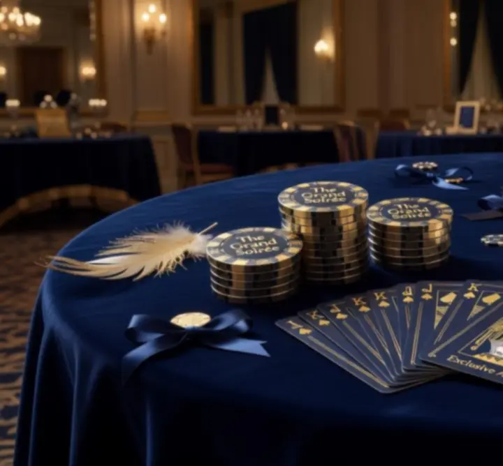 Elegancka aranżacja stołu pokerowego z dekoracjami świetlnymi w nastrojowej sali.