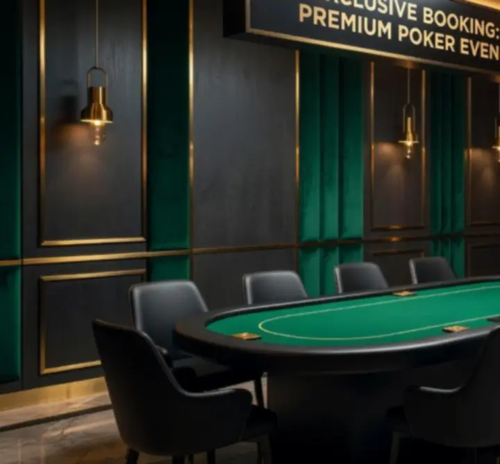 Stół pokerowy w eleganckiej sali eventowej, nastrojowe światło i przygotowane miejsce dla gości.