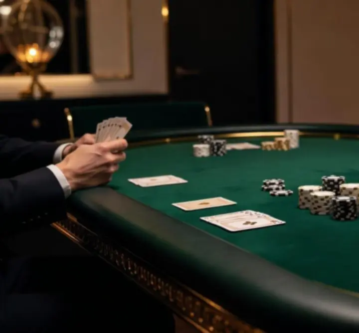 Stylowy stół pokerowy z profesjonalnymi żetonami i kartami