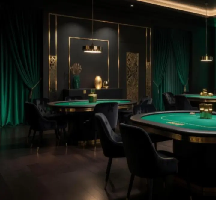 Elegancka sala eventowa z oświetleniem i stołami przygotowanymi na pokerowy wieczór