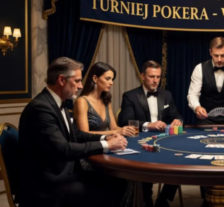 Sceniczny turniej pokerowy z profesjonalnymi stołami i teatralnym oświetleniem